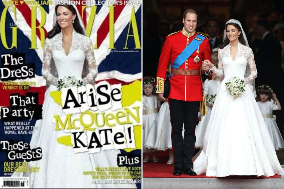 Kate and William's real wedding photo right, versus the version printed on the cover of Grazia showing the Princess with a smaller waist