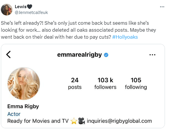 A Hollyoaks fan spotted there was no mention of the soap on Emma’s social media pages