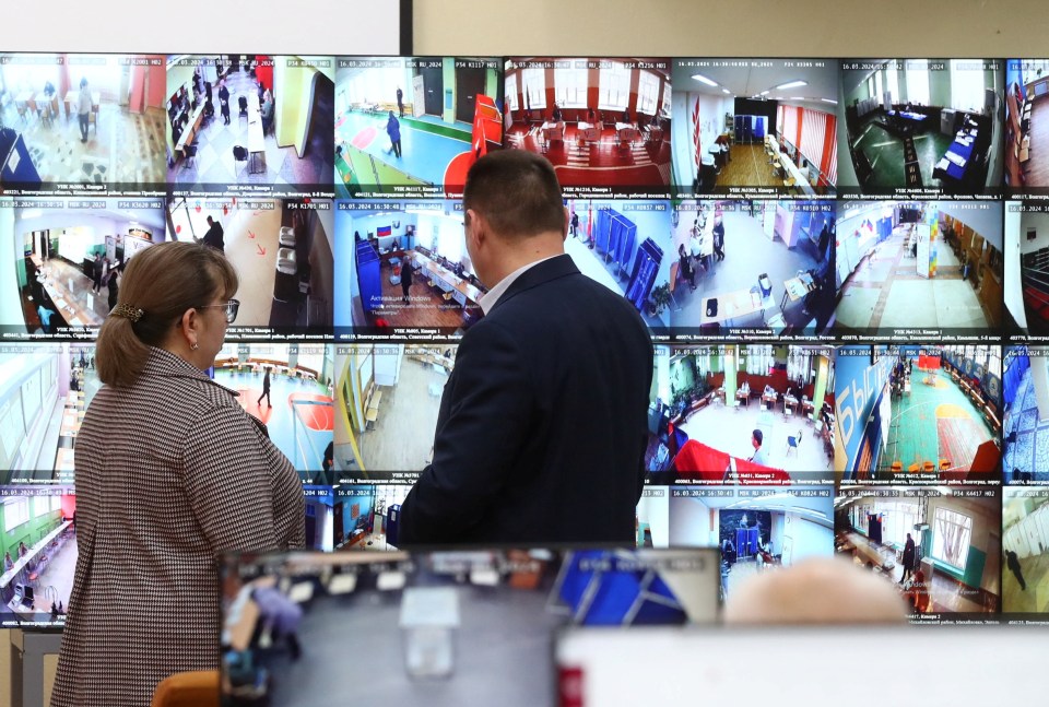 Observers watch a live broadcast from polling stations