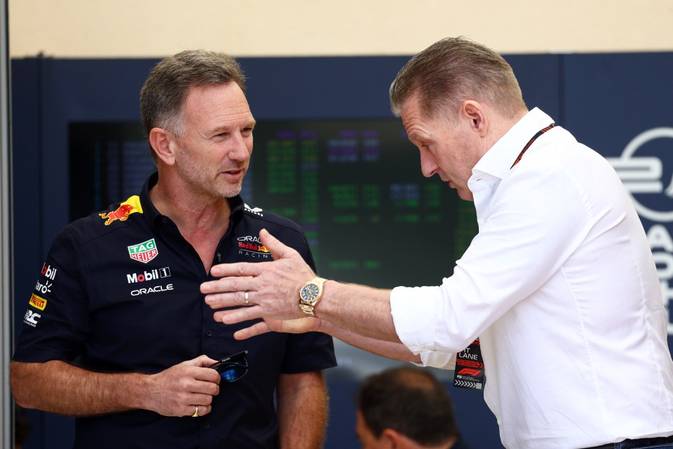 Christian Horner (L) held crisis talks with reps from the Verstappen camp in Dubai on Monday, he is pictured here with Jos Verstappen at the Bahrain GP on Sunday