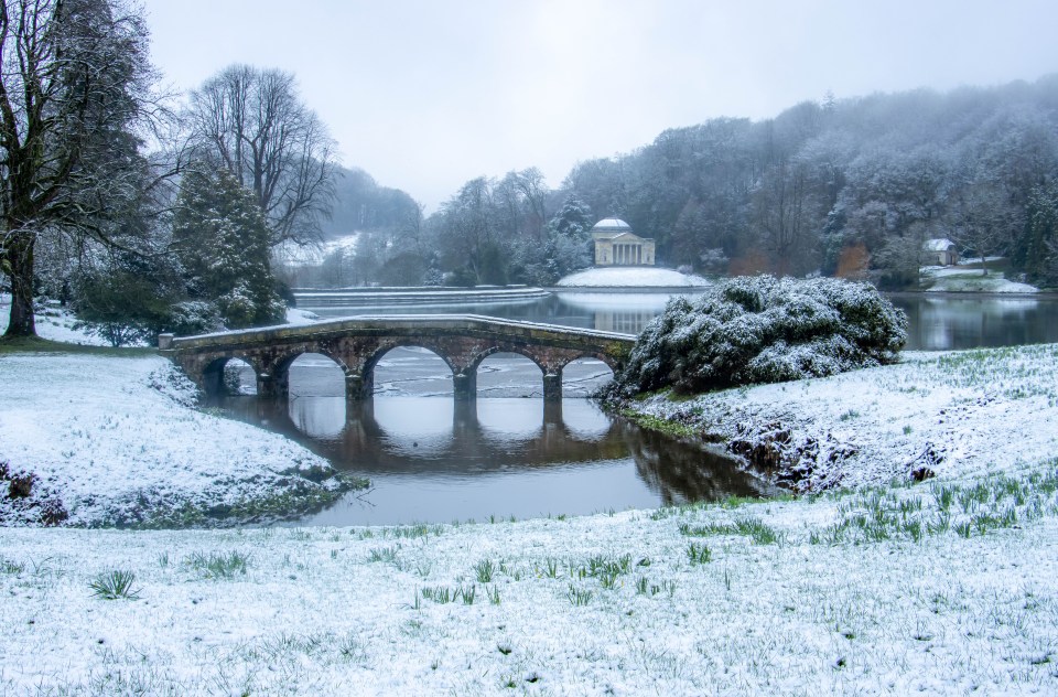 Snow fall at Stourhead in Wiltshire on March 3