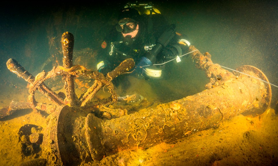 The helm of the SMS Marfgraf, a WWI German battleship scuttled on the Orkney seabed