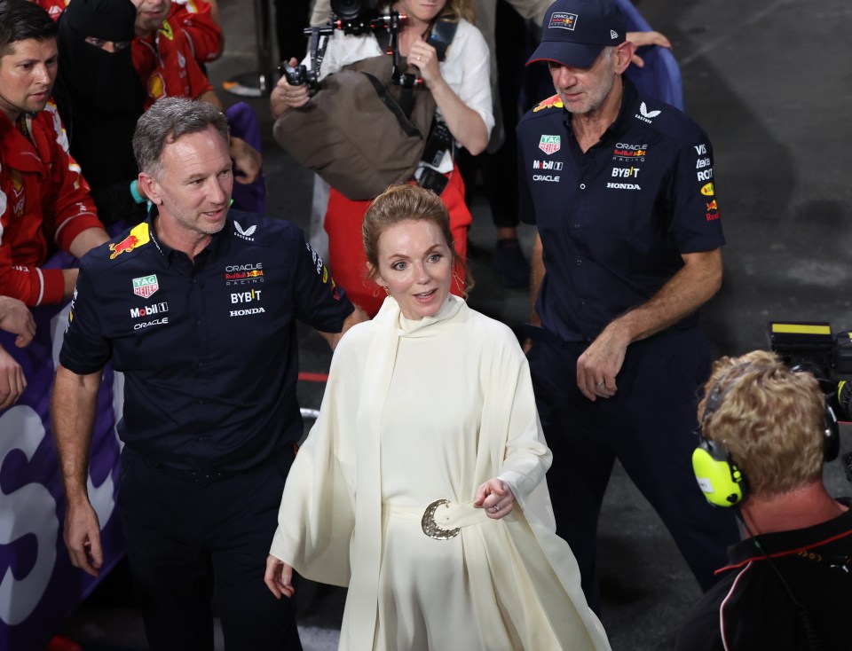 Geri wore flowing white robes as she walked ahead of Horner who sports a 'rather awkward-looking smile'