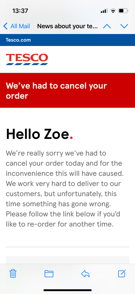 Zoe found out about her cancelled order via an email