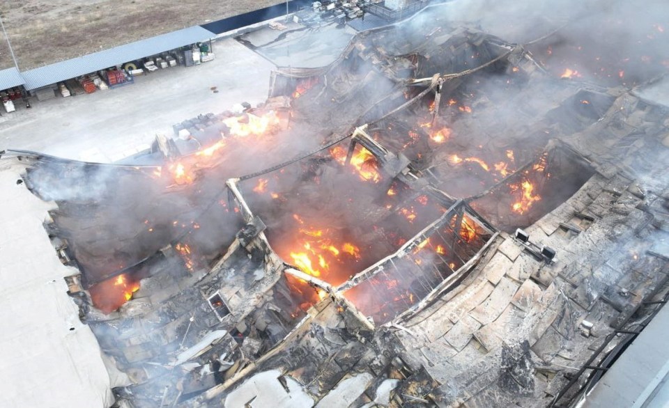 A shopping mall in Nikopol, Ukraine, photographed yesterday following a Russian military attack