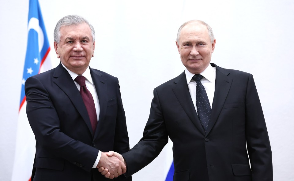 Putin with the President of Uzbekistan Shavkat Mirziyoyev who shared his support of the despot’s re-election today