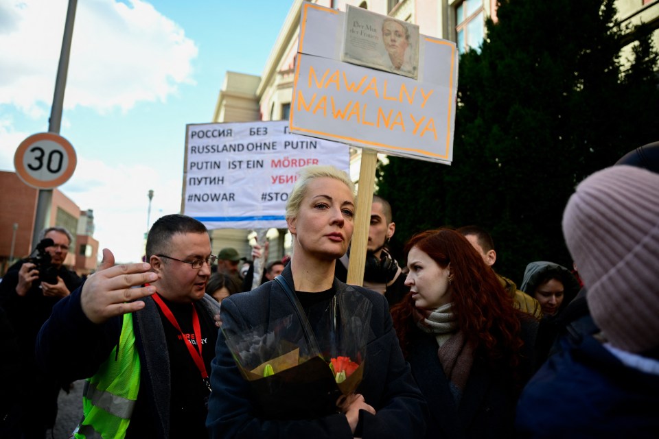 Alexei Navalny’s widow Yulia appears at the noon protest in Berlin to cast her vote in Russia’s sham elections