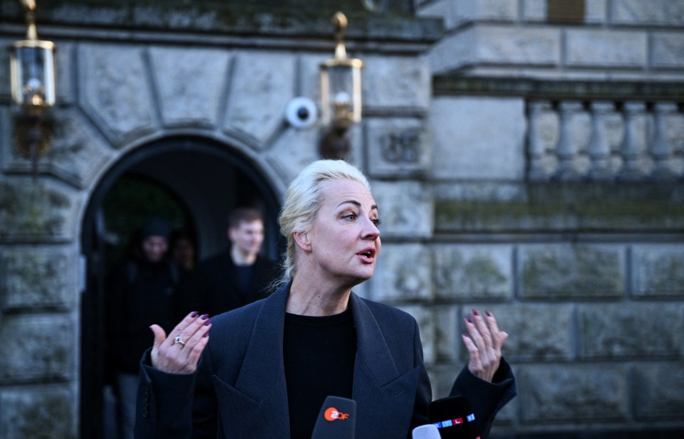 Yulia Navalnaya, the widow of Alexei Navalny, speaks to the media after leaving the Russian Embassy in Berlin, Germany