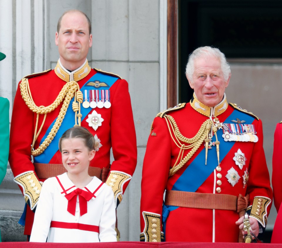 LONDON, UNITED KINGDOM - JUNE 17: (EMBARGOED FOR PUBLICATION IN UK NEWSPAPERS UNTIL 24 HOURS AFTER CREATE DATE AND TIME) Prince William, Prince of Wales (Colonel of the Welsh Guards), Princess Charlotte of Wales and King Charles III (wearing his Welsh Guards uniform) watch an RAF flypast from the balcony of Buckingham Palace during Trooping the Colour on June 17, 2023 in London, England. Trooping the Colour is a traditional military parade held at Horse Guards Parade to mark the British Sovereign's official birthday. It will be the first Trooping the Colour held for King Charles III since he ascended to the throne. (Photo by Max Mumby/Indigo/Getty Images)