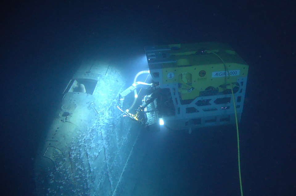 A photo of the Norwegian Institute of Marine Research using an underwater drone to take samples from Komsomolets