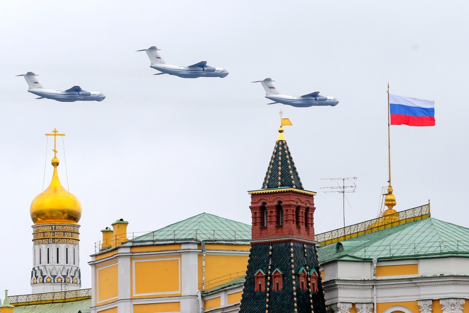 Russian warplanes fly over the Kremlin on May 9, 2021