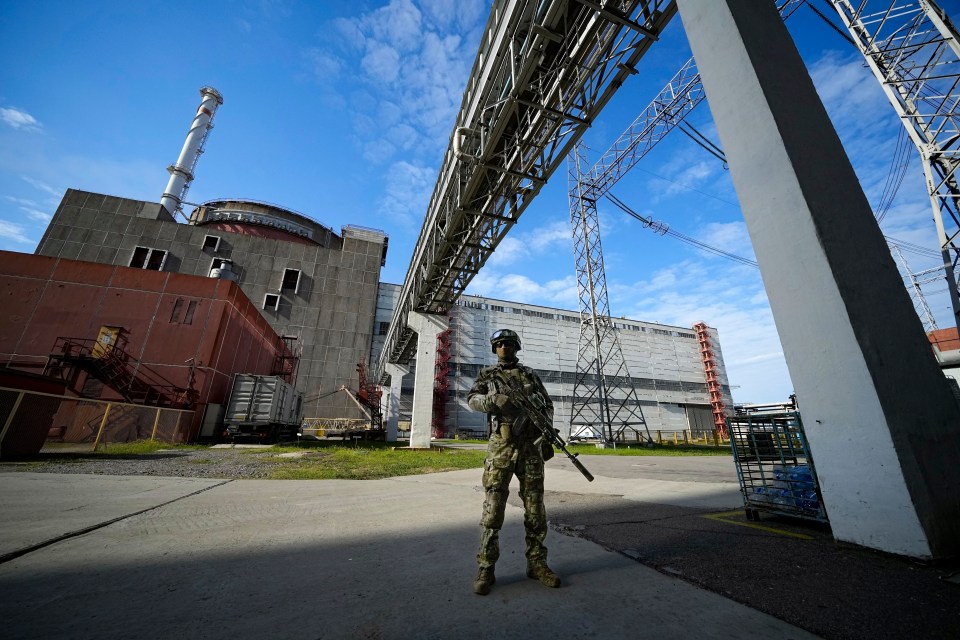 A Russian guard stands outside the power plant