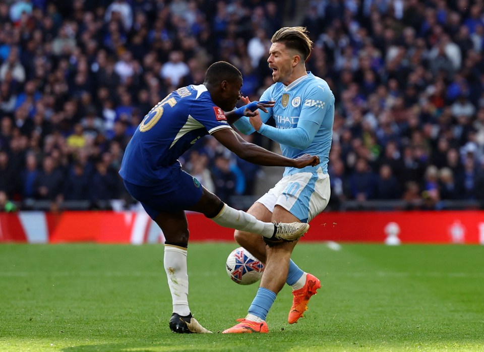 Jack Grealish was not happy with this challenge from Moises Caicedo