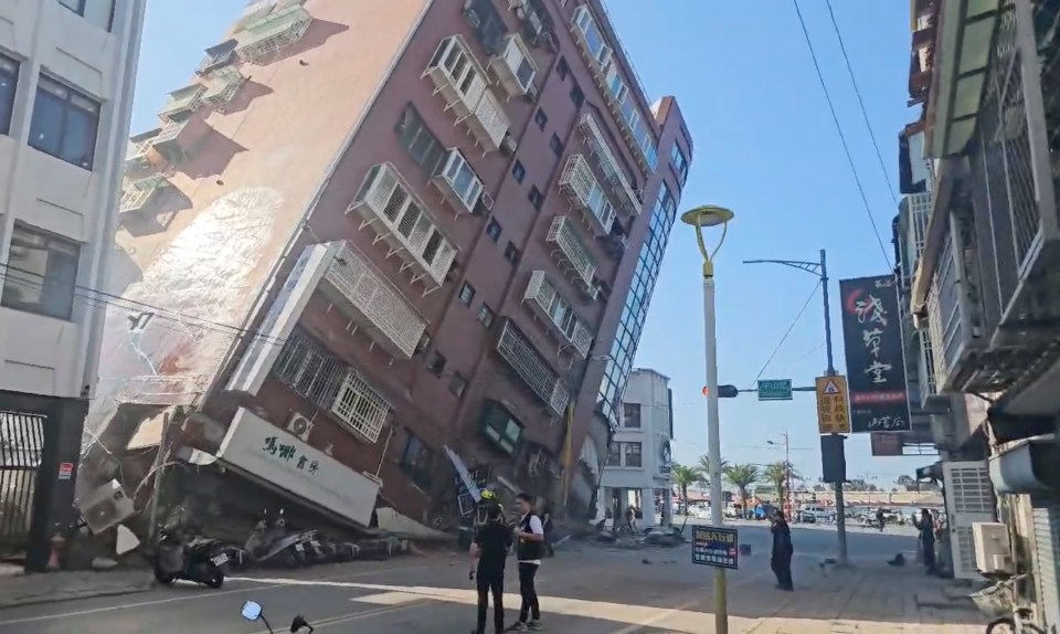 A partially collapsed building is seen in Hualien