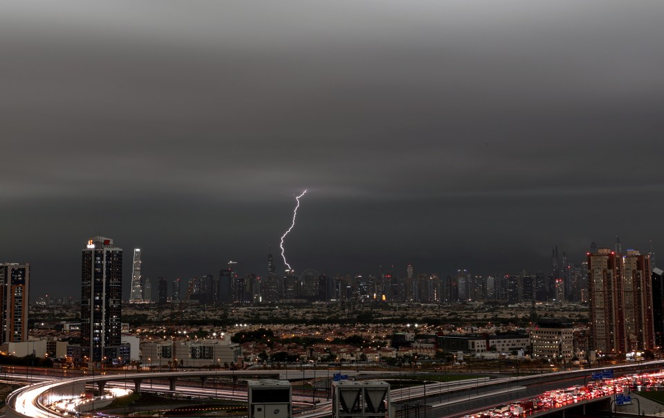 Lightning could be seen in the gloomy Dubai skies after the day of awful weather