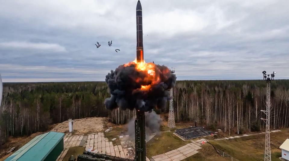 A Yars intercontinental ballistic missile is test-fired as part of Russia's nuclear drills from a launch site in 2022