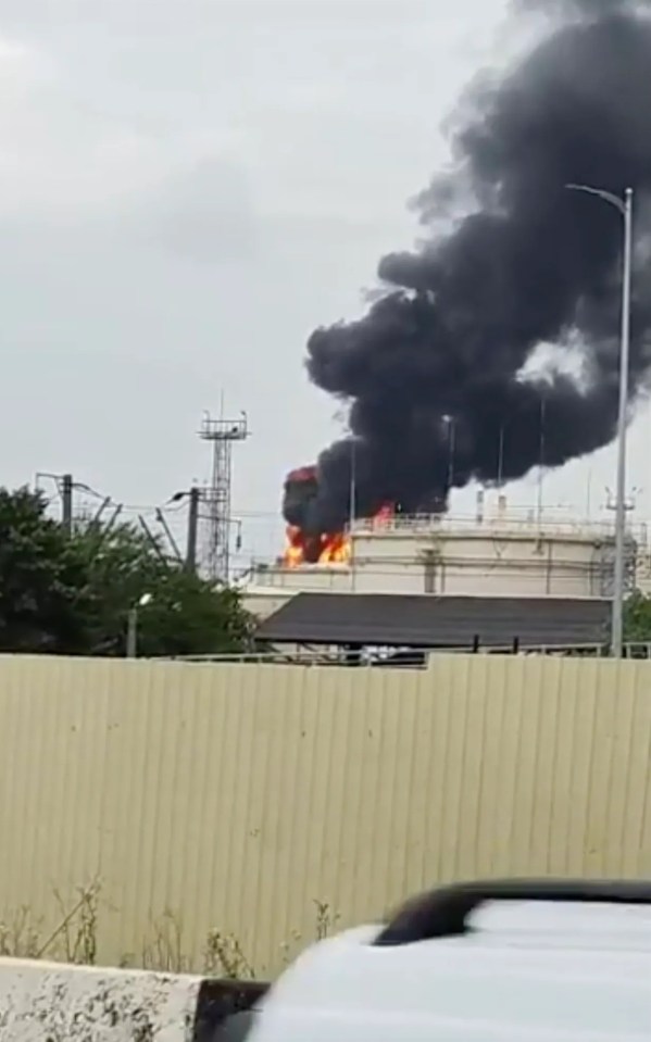 An explosion is seen at an oil refinery in Krasnodar