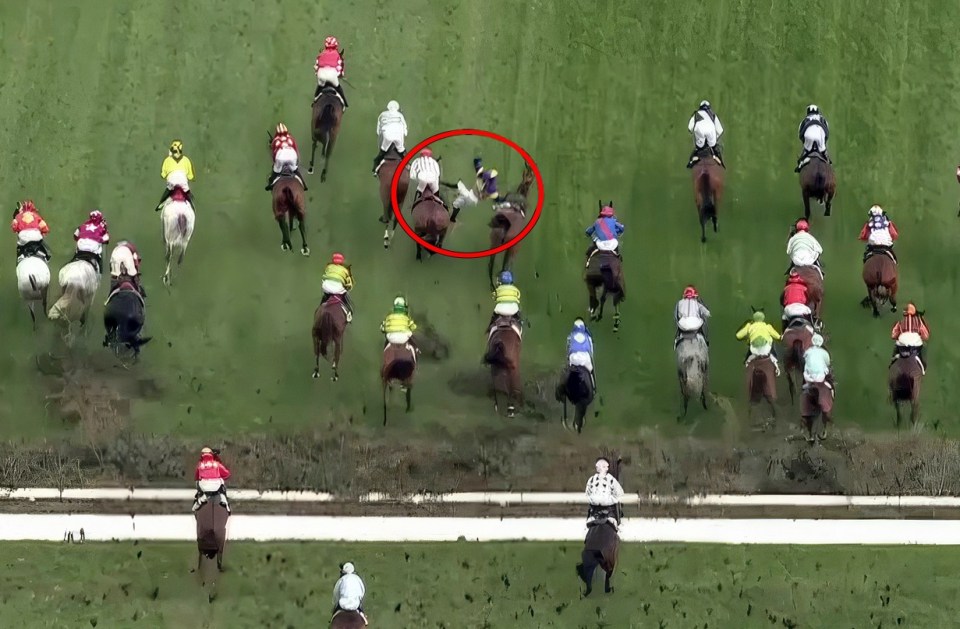 Defending champion Corach Rambler unseated jockey Derek Fox at the first fence