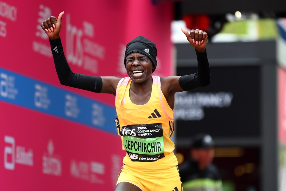 Peres Jepchirchir of Kenya celebrates after winning the Women's elite race and setting a new world record