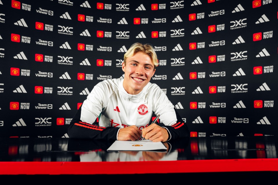 MANCHESTER, ENGLAND - AUGUST 05: (EXCLUSIVE COVERAGE) Rasmus Hojlund of Manchester United poses after signing for the club at Carrington Training Ground on August 05, 2023 in Manchester, England. (Photo by Manchester United/Manchester United via Getty Images)