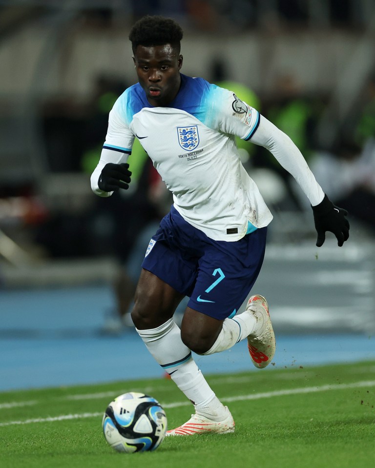 SKOPJE, MACEDONIA - NOVEMBER 20: Bukayo Saka of England runs with the ball during the UEFA EURO 2024 European qualifier match between North Macedonia and England at National Arena Todor Proeski on November 20, 2023 in Skopje, Macedonia. (Photo by Eddie Keogh - The FA/The FA via Getty Images)