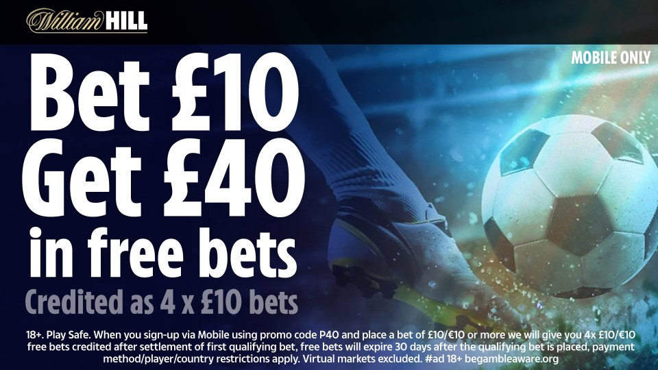 Get £40 in free bets when you sign-up and bet £10 on football with William Hill - Mobile Only