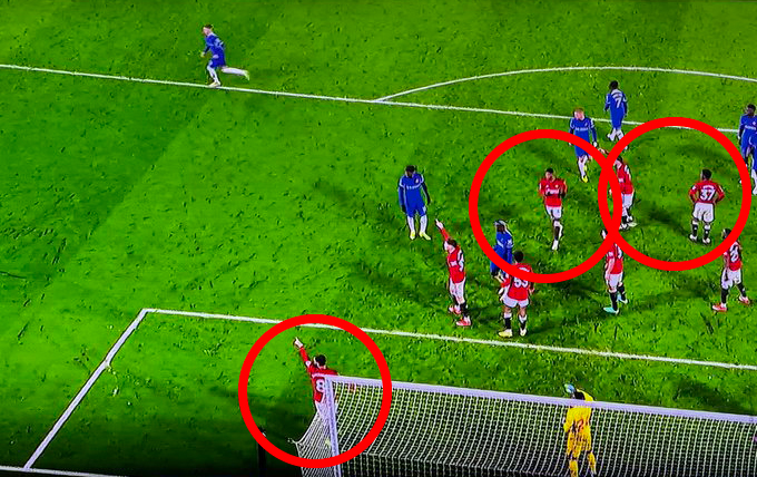 None of the Manchester United players took responsibility at the corner, with Bruno Fernandes spotted pointing, Marcus Rashford looking the wrong way and Kobbie Mainoo had his hands on his hips