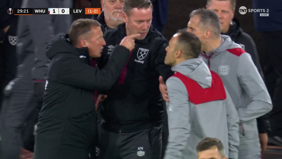 A touvchline row erupted between West Ham and Leverkusen's staff