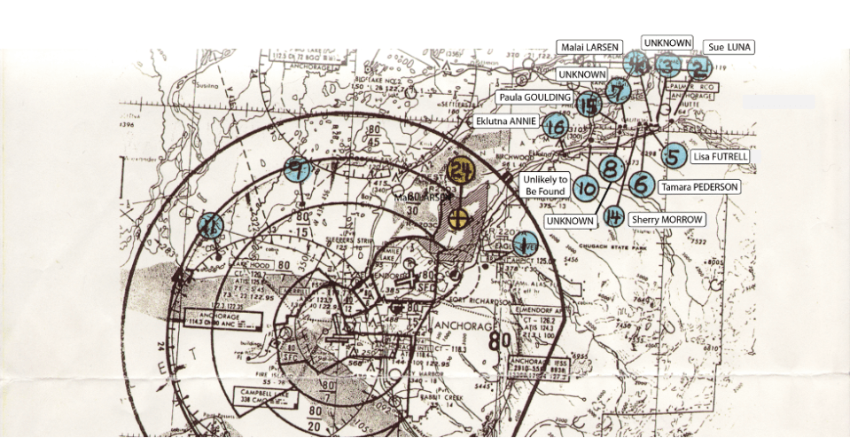 A partial map of Hansen's Knik River kill sites in Alaska