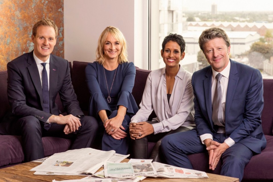 Naga pictured with current co-star Charlie Stayt and former colleagues Dan Walker and Louise Minchin