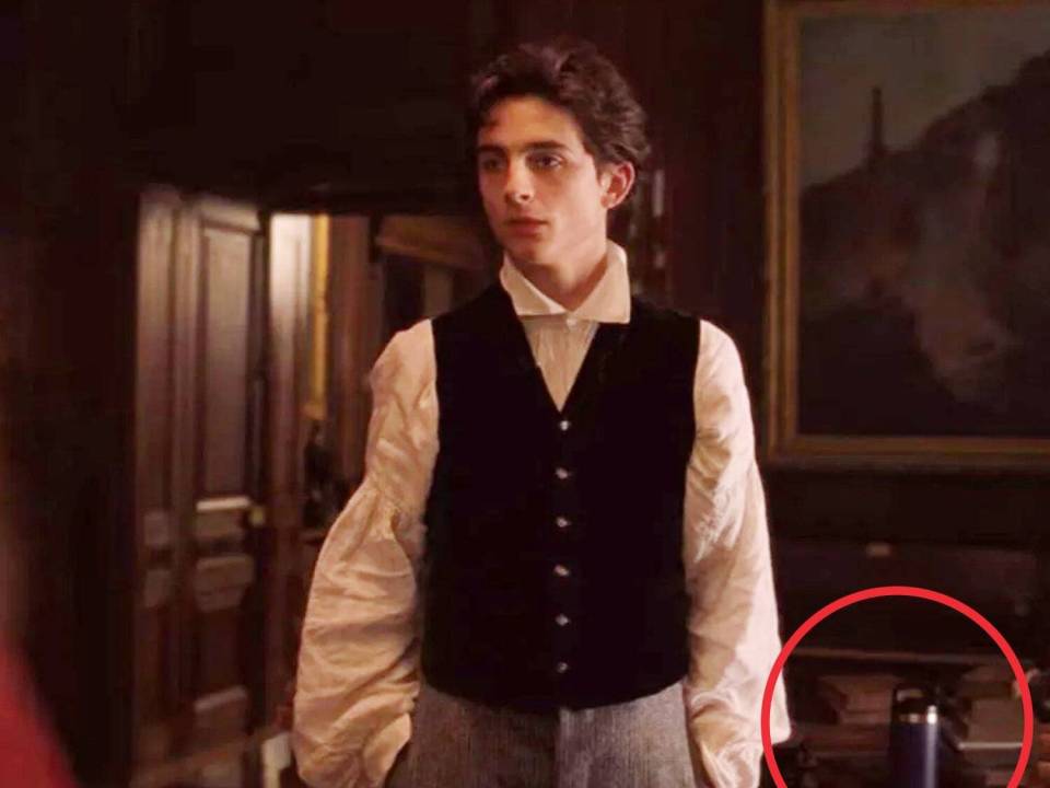 A modern-looking water bottle appears behind Timothée Chalamet in Little Women