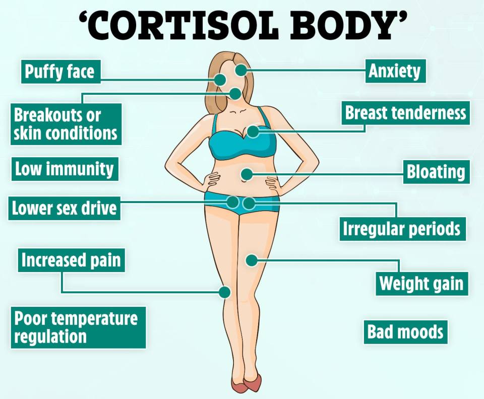 The different symptoms that might occur with high cortisol levels