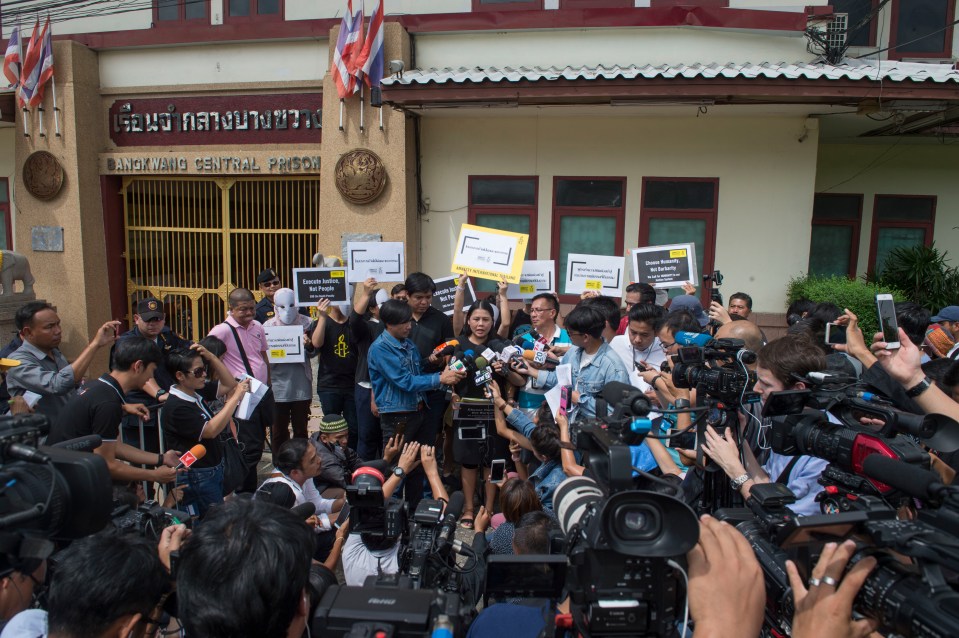 Activists from Amnesty International during a protest at the entrance of the Bang Kwang high-security prison in 2018