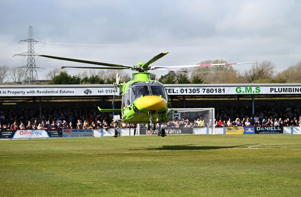 The air ambulance landed on the pitch at Weymouth