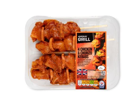 Aldi 4 Chicken & Chorizo Kebabs for only £3.99