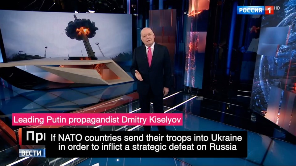 Top Putin crony Dmitry Kiselyov warned Russia will sink Britain under a nuclear tidal wave if Nato sends troops to Ukraine