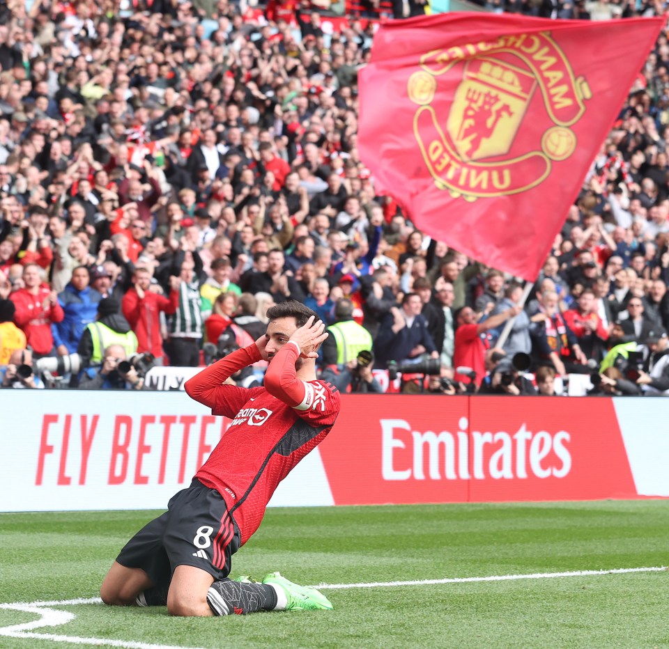 Bruno Fernandes celebrates scoring Man Utd’s third goal at Wembley