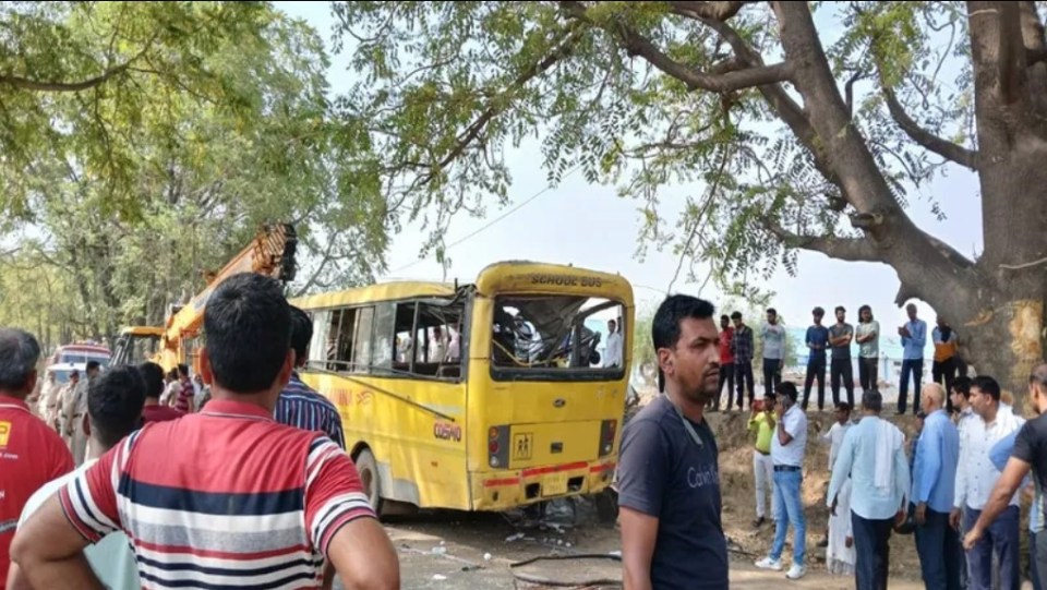 A large crowd gathered outside the bus following the accident