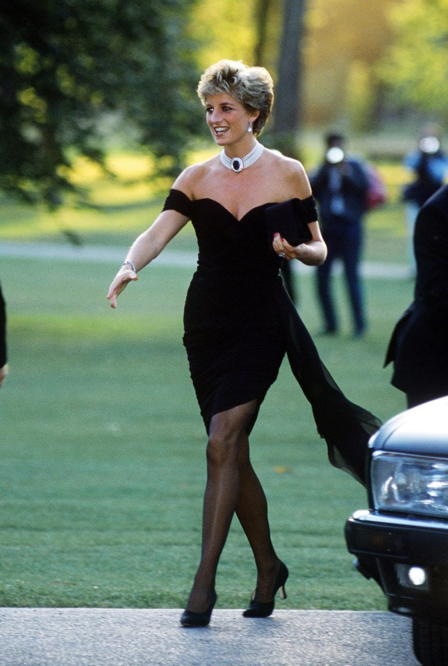 Princess Diana arriving at the Serpentine Gallery, London, in a gown by Christina Stambolian, known as the 'Revenge Dress' in June 1994