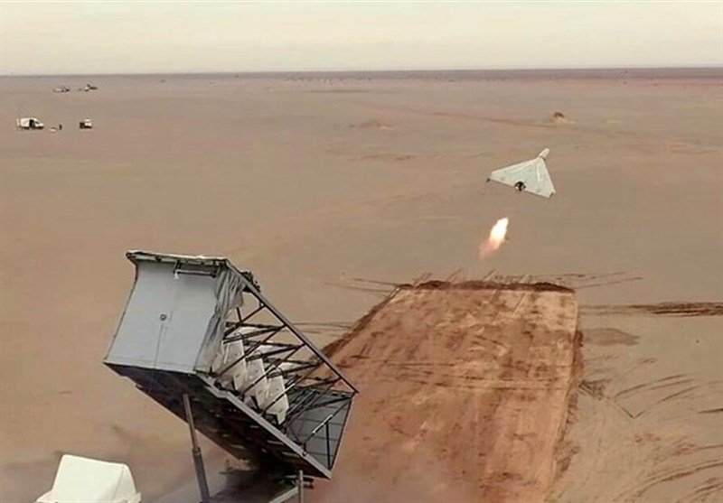 A drone is launched in an undisclosed area in Iran as Iran launches dozens of drones at Israel