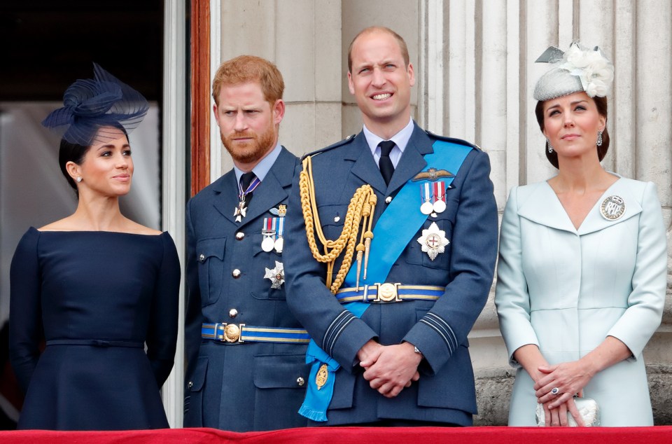 Meghan, Harry, Prince William, and Princess Kate watching a flypast to mark the centenary of the Royal Air Force in 2018