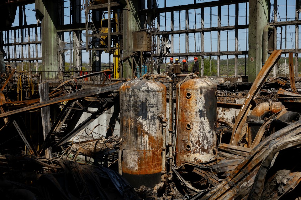 Thd destroyed and burnt out remains of Trypillia Thermal Power which was hit by Russian hypersonic missiles