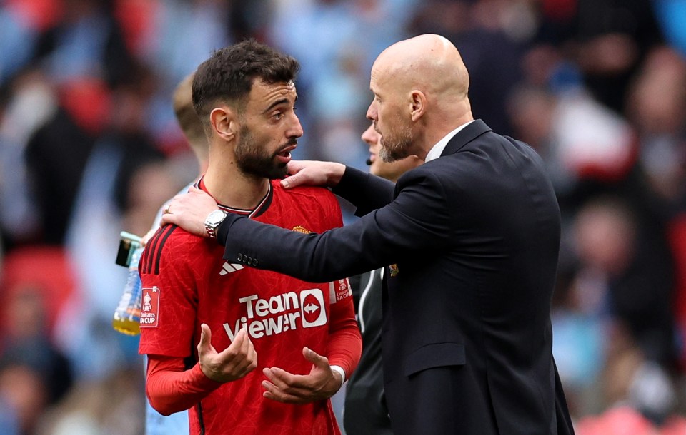 Erik ten Hag speaks to Bruno Fernandes at Wembley