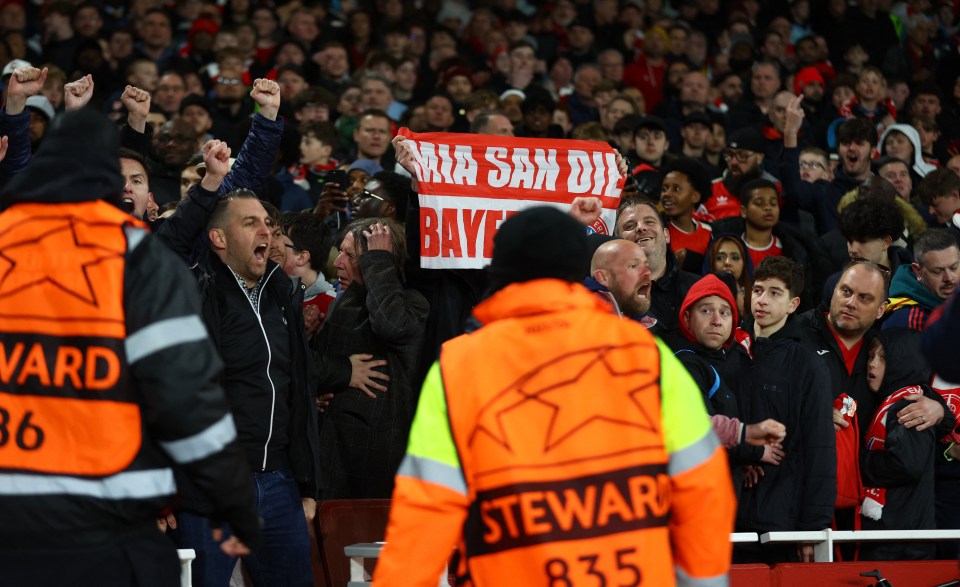 Arsenal kicked out seven Bayern Munich fans from the Emirates home end of Tuesday evening