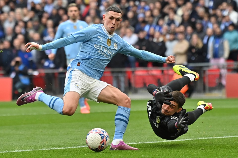 Phil Foden couldn’t squeeze in after rounding Djordje Petrovic