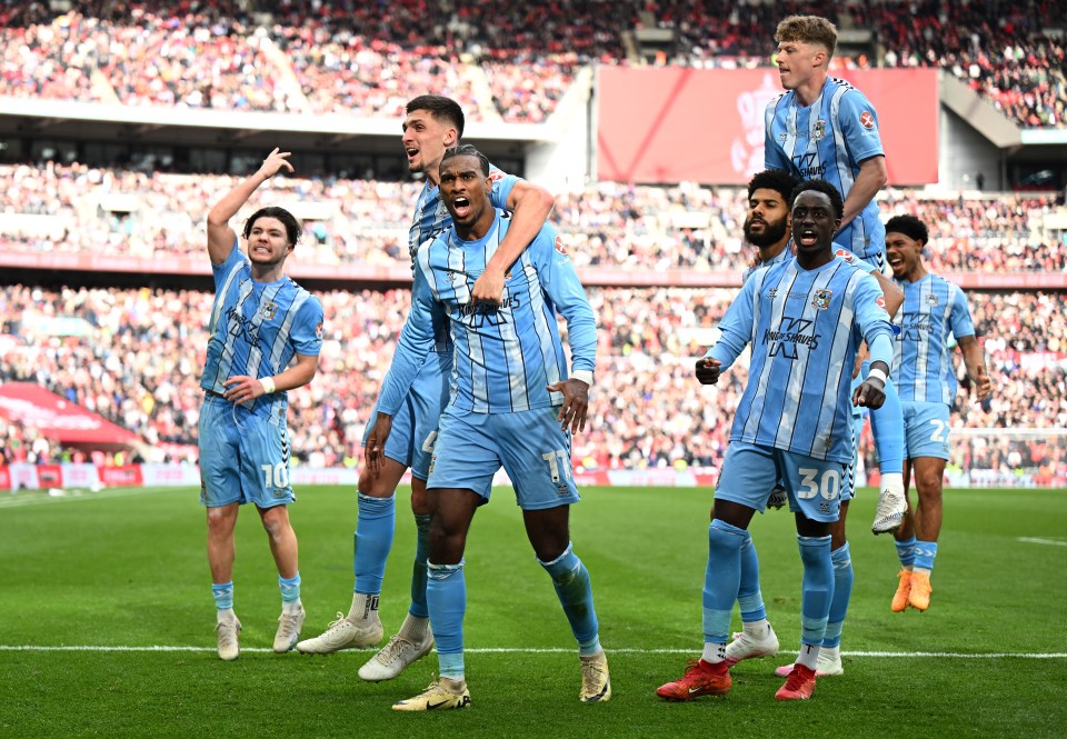 Haji Wright celebrates scoring his team’s third goal from the penalty spot with Fabio Tavares