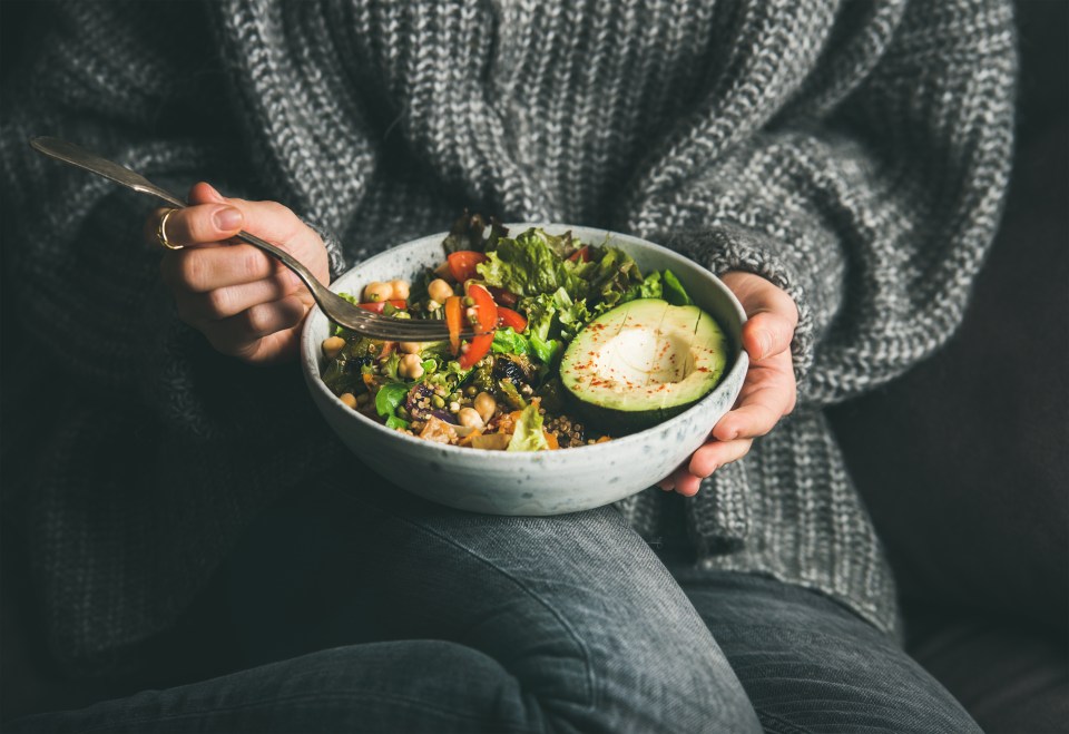 A 'Buddha bowl' usually contains a source of grain, such as quinoa or cous-cous, protein, such a chicken, egg or tofu, vegetables, a healthy fat such as avocado, and extras. Top with a dressing