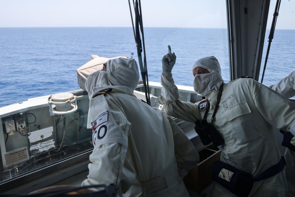 Commander Evans RN and Sub Lt James (pictured) looking at the smoke after blasting the missile out of the sky