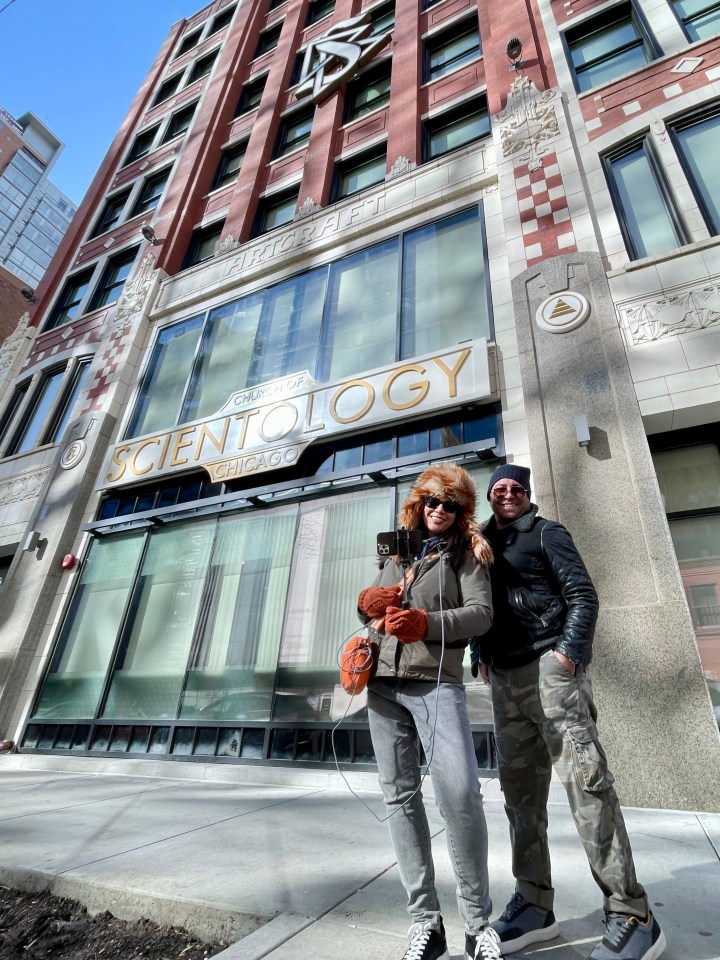 Natalie and her partner of 10 years Tony are pictured protesting Scientology in Chicago last month