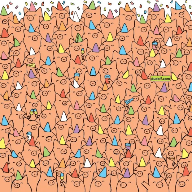 The artwork shows a large group of pigs celebrating, but can you find the three pigs without party hats on?